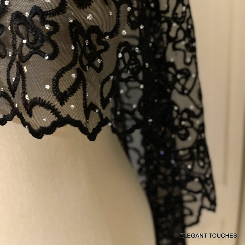 Victorian Vintage High Neck Capelet Black Womens M / L Sheer Beaded Fringed Cape - Picture 4 of 15